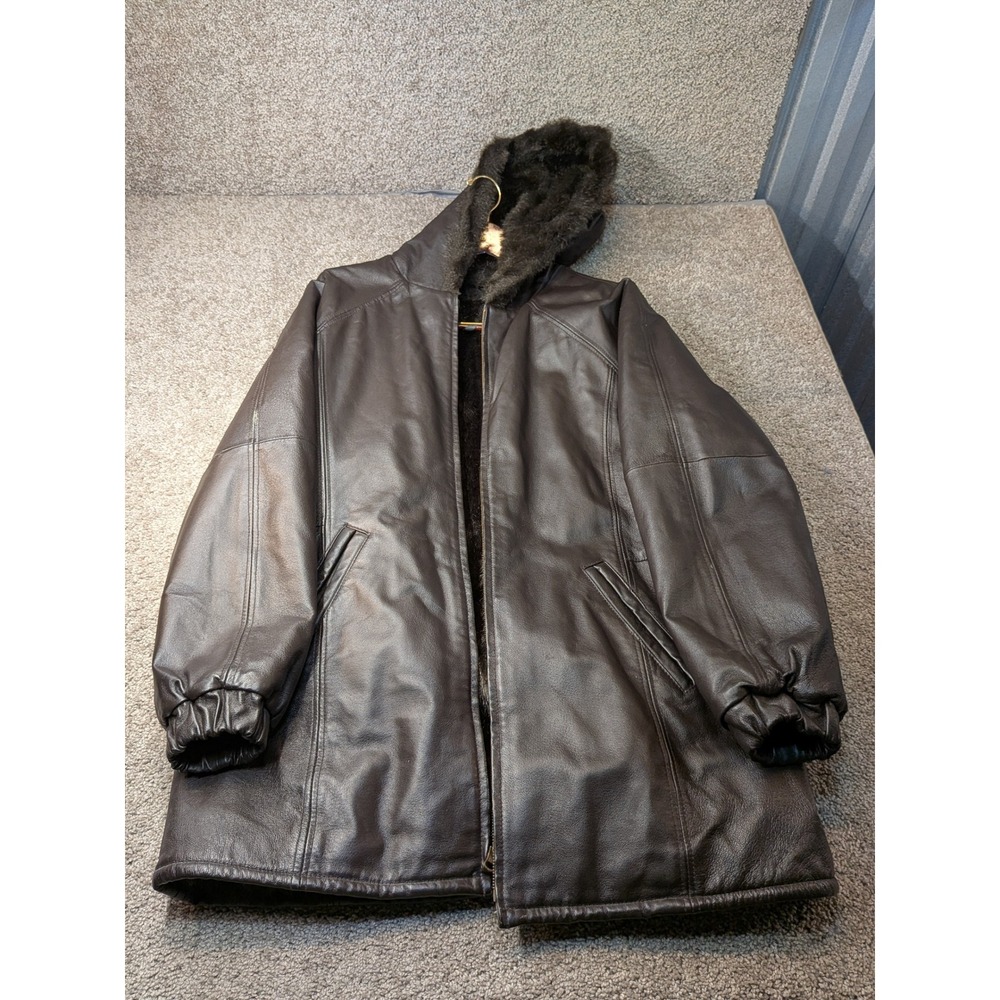 Mens Genuine Leather Hooded Parka Jacket Brown Faux Fur Lined Size M